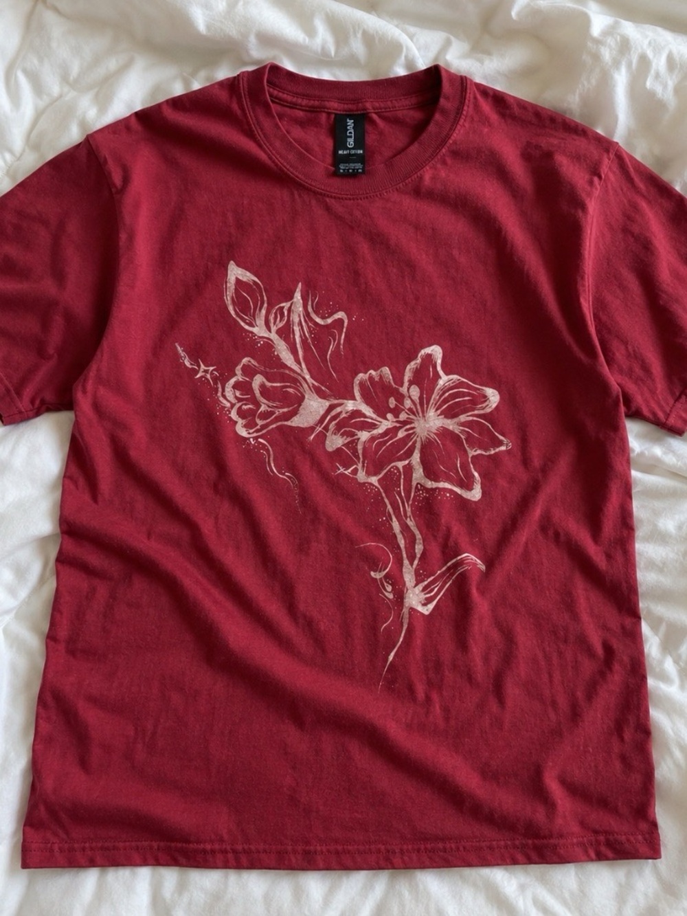 Gildan Red Short Sleeve Tee with Cream Floral Graphic